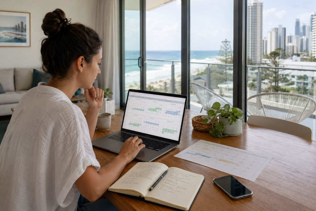 Traveller comparing flexible dates to find better-value Gold Coast accommodation