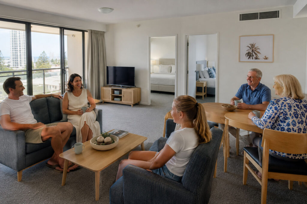 Family sharing a larger Gold Coast apartment to reduce accommodation cost per guest