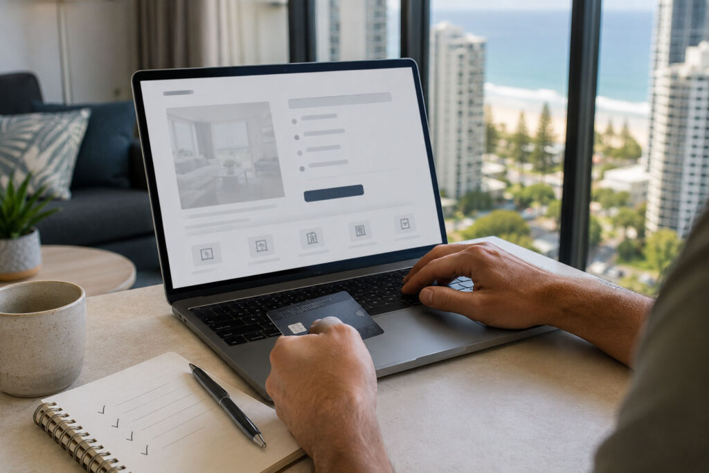 Traveller reviewing Gold Coast accommodation fees, deposits and cancellation conditions before booking