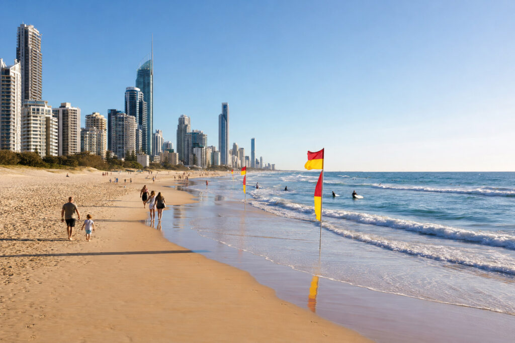 Surfers Paradise Beach with patrolled swimming flags, surfers and the Gold Coast skyline