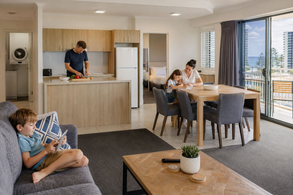 Family using a self-contained Gold Coast holiday apartment during a longer stay